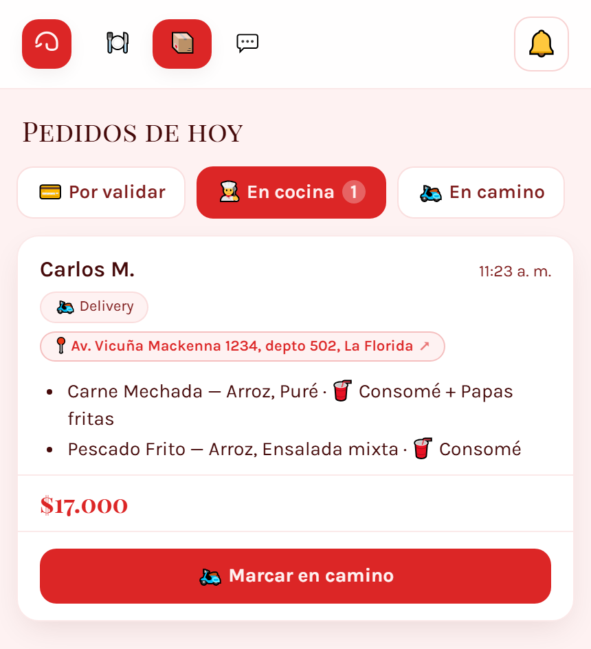 Panel de gestión: los pedidos del día con dirección, detalle y estado de cada uno